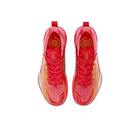 Pair of unisex basketball shoes, red laced uppers shown from inside with logo.