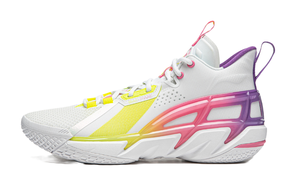 White basketball shoe with neon yellow accents, pink-purple midsole, lace-up front