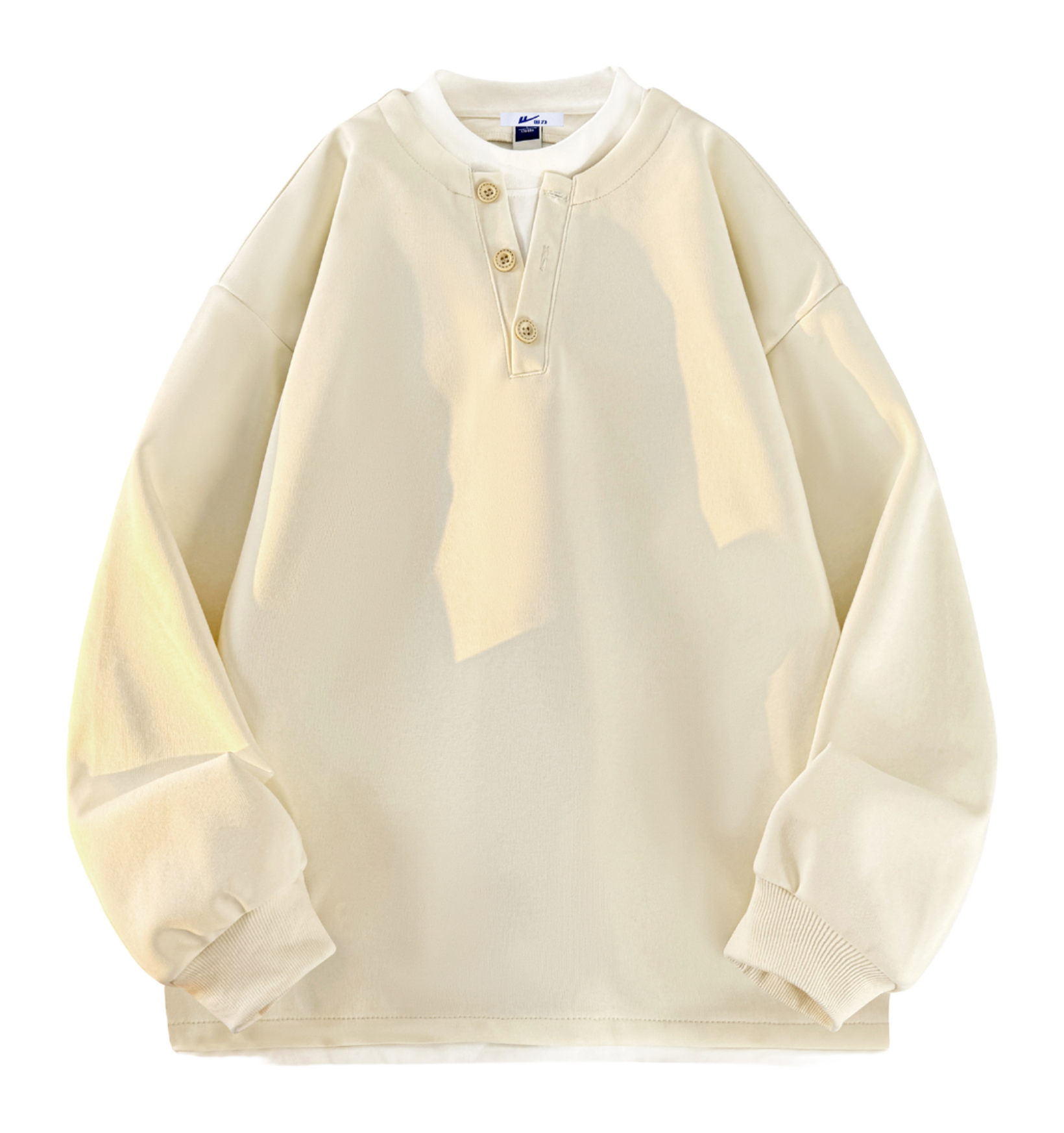 Warrior Revival Wind and Wave Series American Trendy College Style Letter Print Color Contrast Splicing Fake Two Piece Loose Casual Versatile Hoodie Bottom Wear Warm Henley Collar Long Sleeve T-shirt Unisex  vjsneaker.com