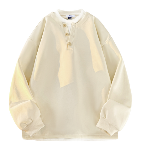 Warrior Revival Wind and Wave Series American Trendy College Style Letter Print Color Contrast Splicing Fake Two Piece Loose Casual Versatile Hoodie Bottom Wear Warm Henley Collar Long Sleeve T-shirt Unisex  vjsneaker.com