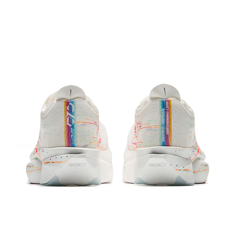 White lace-up running shoe heel with multicolor vertical stripe and grippy outsole