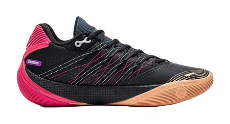 Low basketball shoe angled view: black upper with pink heel, purple logo, gum sole.