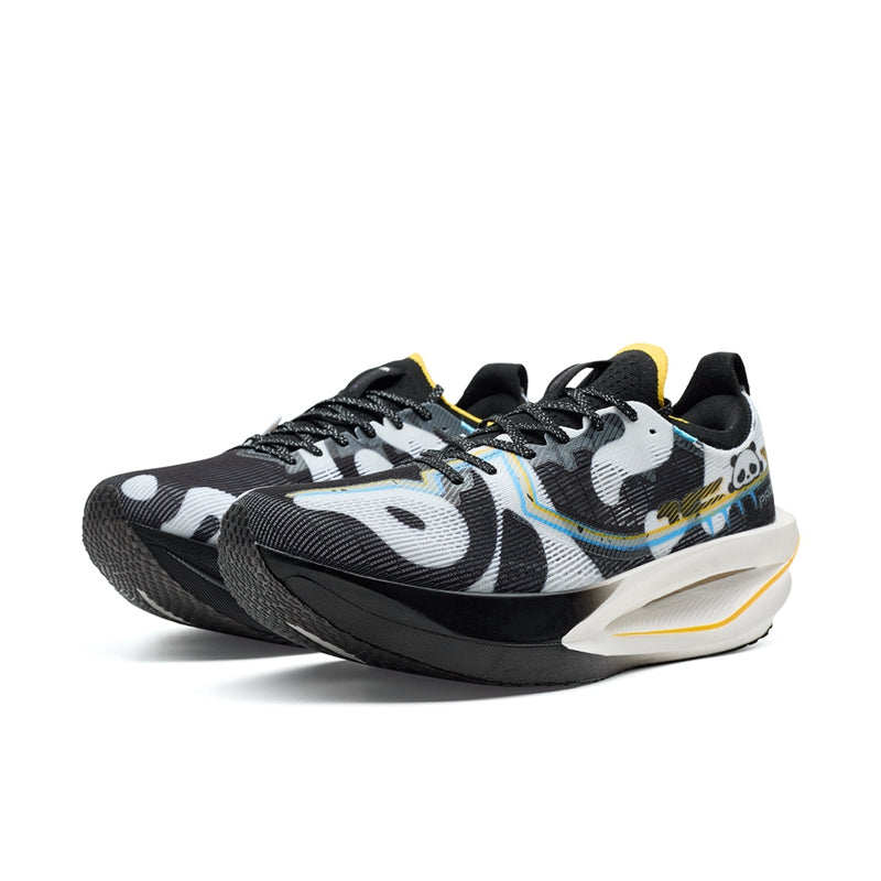 Marathon racing shoe in black and white with blue stripe midsole, yellow collar tab
