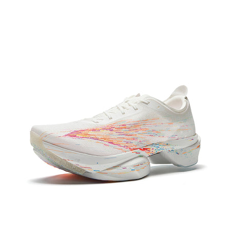 White lace-up running shoe with colorful paint-stroke print and cushioned outsole
