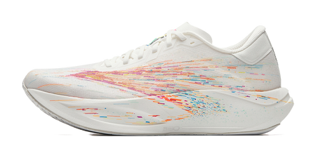 White running shoe with multicolor speckled upper and lace-up design