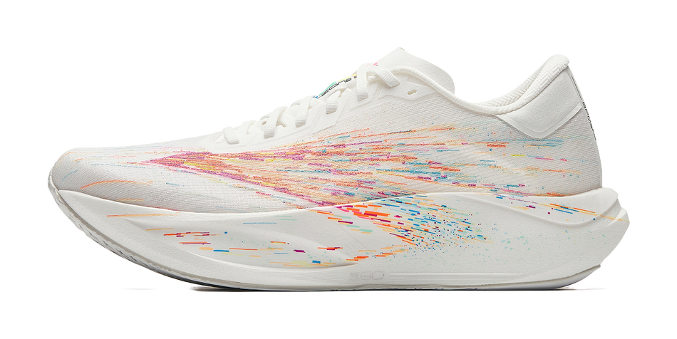 White running shoe with multicolor speckled upper and lace-up design