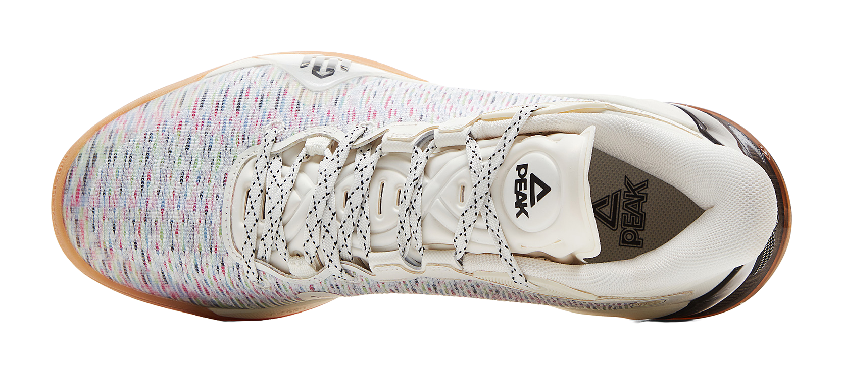 Ivory basketball shoe with lace-up knit upper and black logo on heel