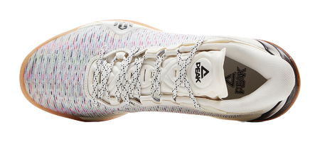 Ivory basketball shoe with lace-up knit upper and black logo on heel