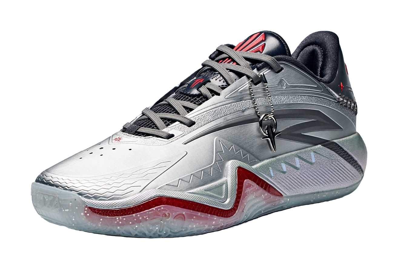 Low basketball shoe, silver-gray upper with black laces, gray strap and red trim