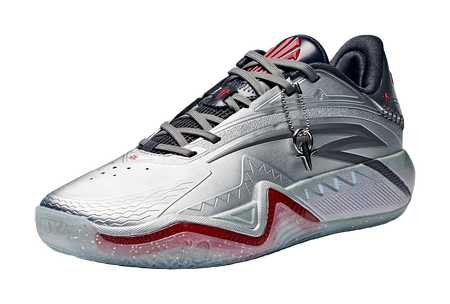 Low basketball shoe, silver-gray upper with black laces, gray strap and red trim