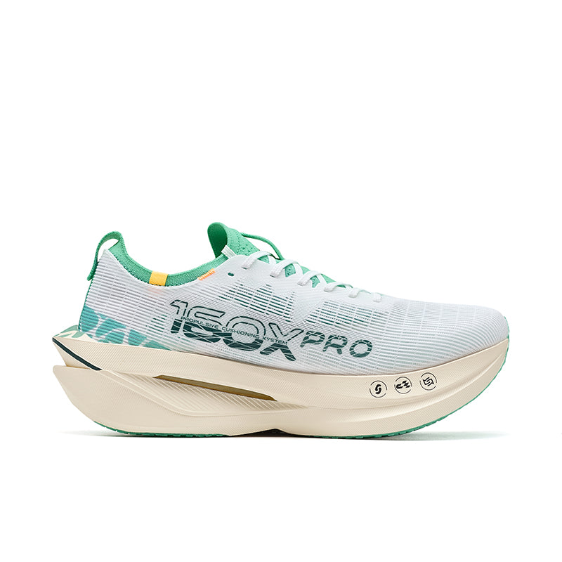 Men's running shoes, white knit upper with green logo and teal midsole detail