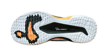 Men's badminton shoe outsole with molded tread, white rubber with orange and black sections