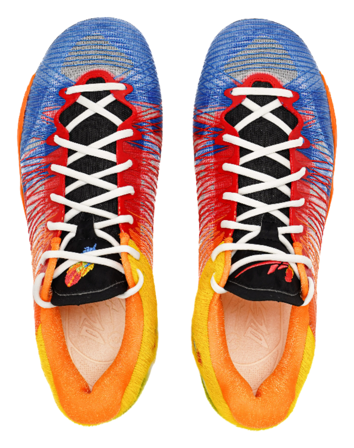 Toe view of multicolor low-top basketball shoes with white crisscross laces