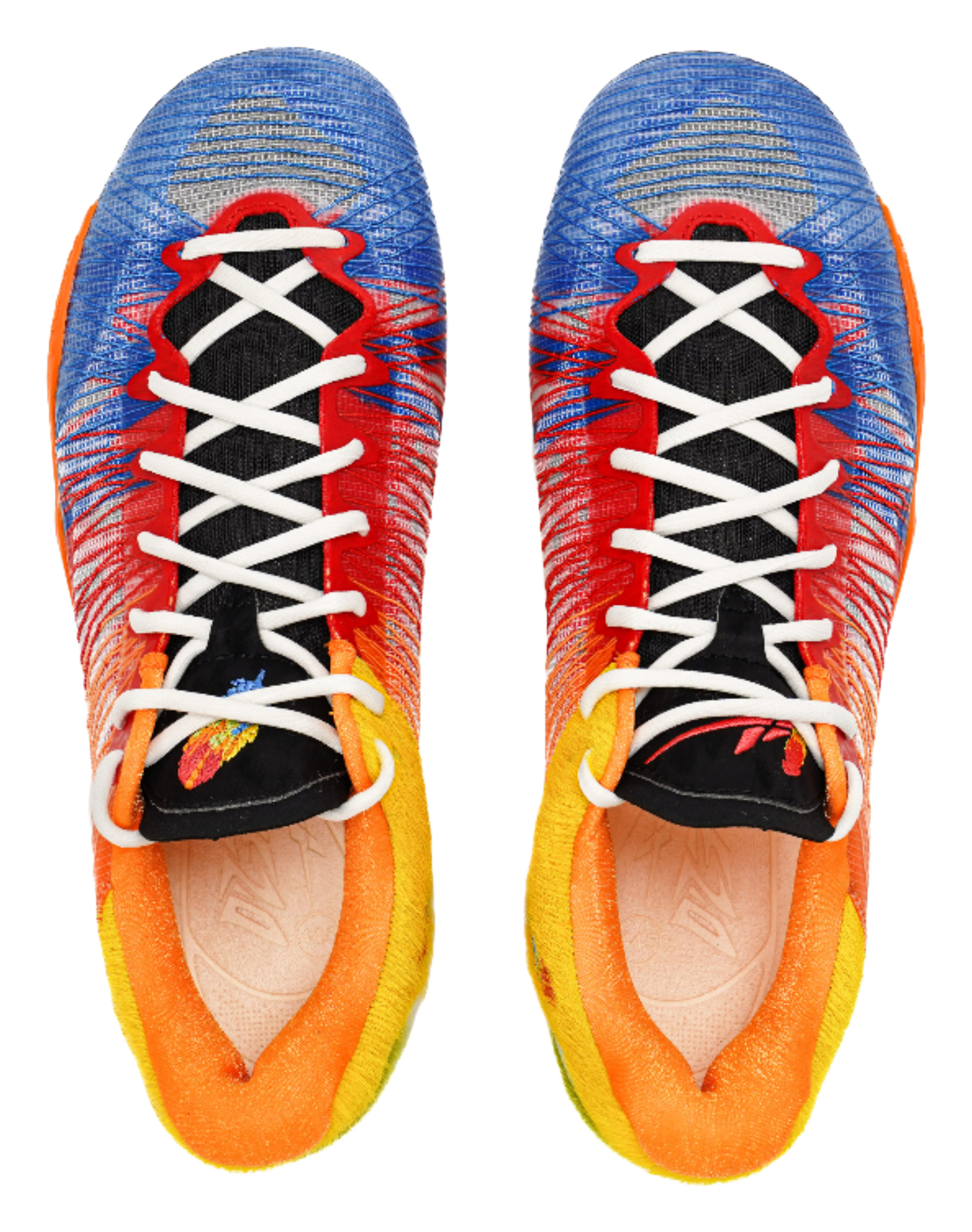 Toe view of multicolor low-top basketball shoes with white crisscross laces