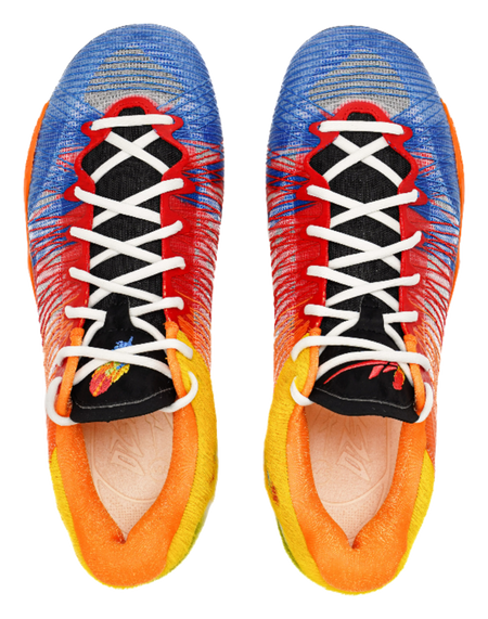 Toe view of multicolor low-top basketball shoes with white crisscross laces