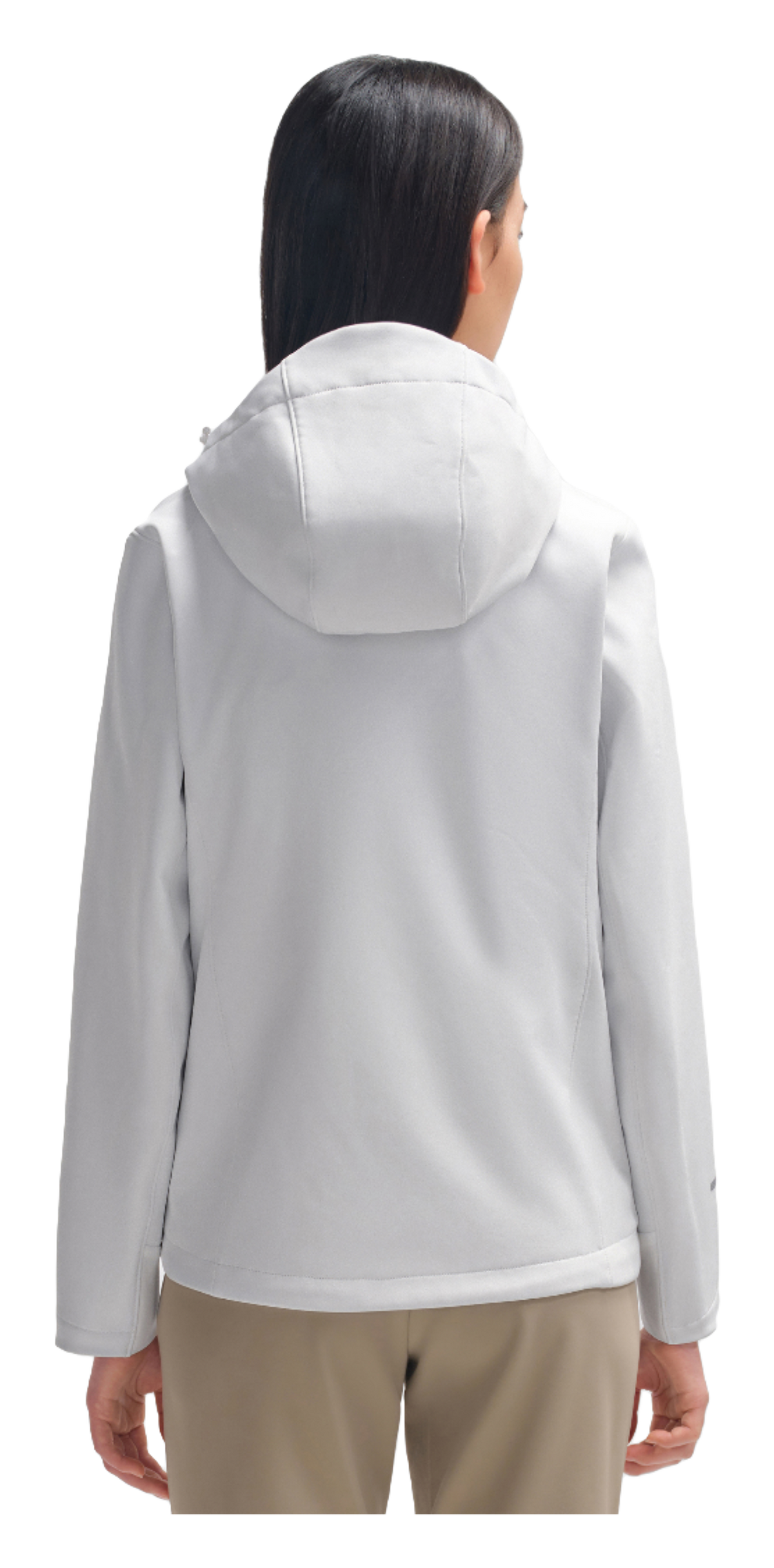 Women's soft shell jacket in white, hooded back view with full-length sleeves
