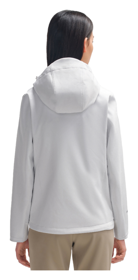 Women's soft shell jacket in white, hooded back view with full-length sleeves