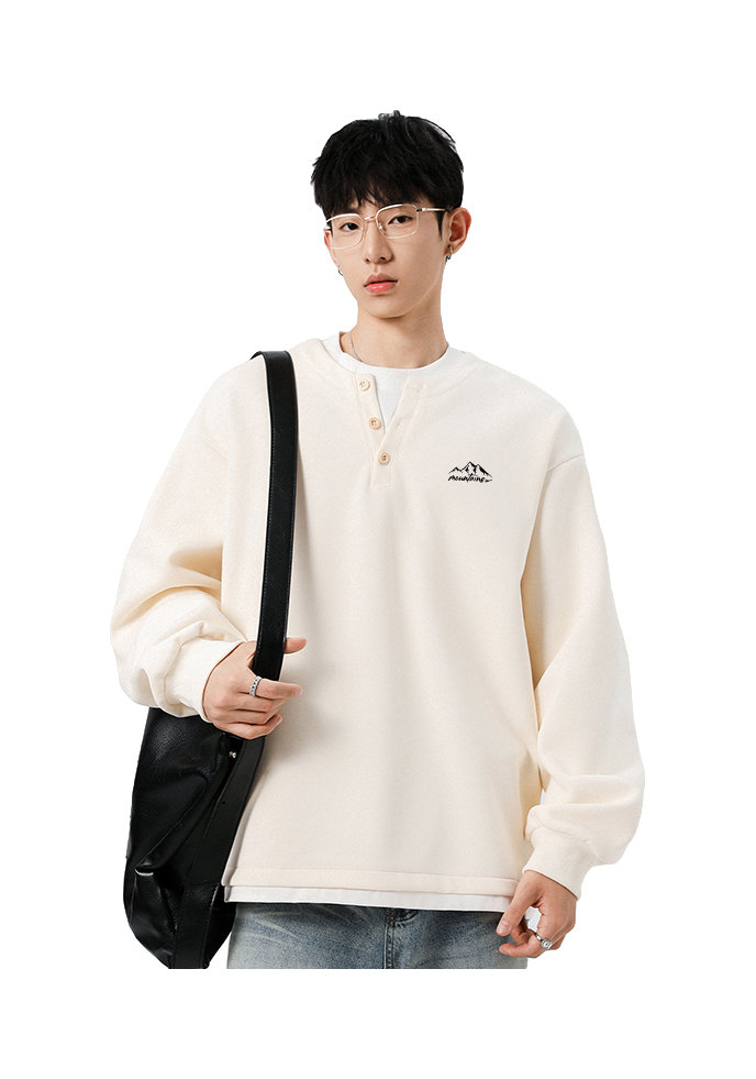 Warrior Revival Wind and Wave Series American Trendy College Style Letter Print Color Contrast Splicing Fake Two Piece Loose Casual Versatile Hoodie Bottom Wear Warm Henley Collar Long Sleeve T-shirt Unisex  vjsneaker.com