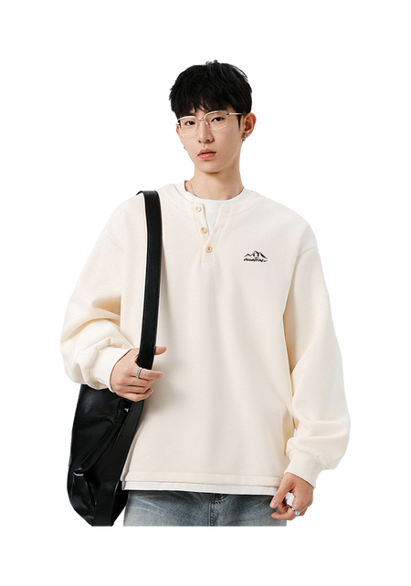 Warrior Revival Wind and Wave Series American Trendy College Style Letter Print Color Contrast Splicing Fake Two Piece Loose Casual Versatile Hoodie Bottom Wear Warm Henley Collar Long Sleeve T-shirt Unisex  vjsneaker.com