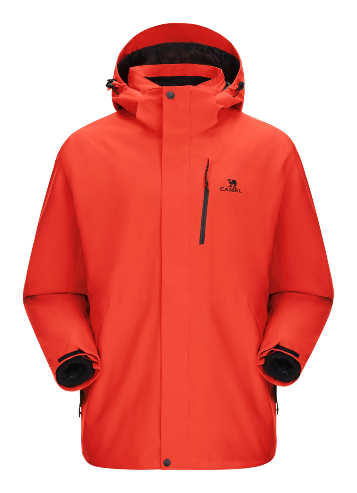 Orange-red waterproof hooded jacket with front zipper and drawstring, long sleeves