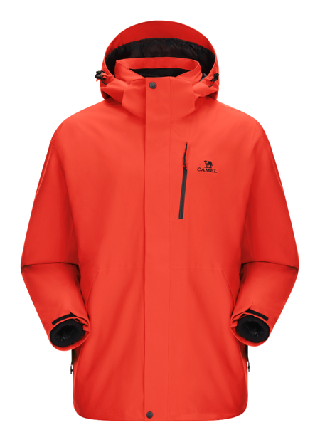 Orange-red waterproof hooded jacket with front zipper and drawstring, long sleeves