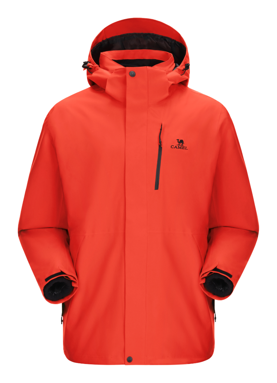 Orange-red waterproof hooded jacket with front zipper and drawstring, long sleeves