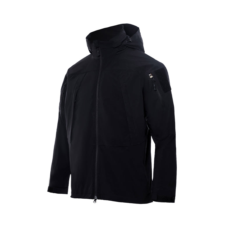 Black hooded hunting jacket, back view with zip and adjustable hood.