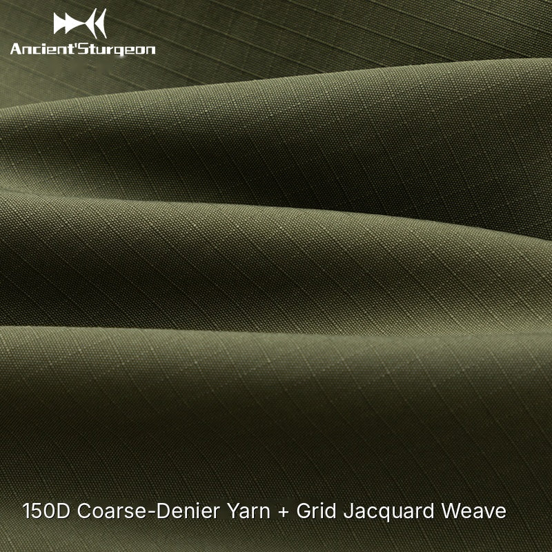 Green tactical jacket fabric close-up; coarse denier texture, grid jacquard weave