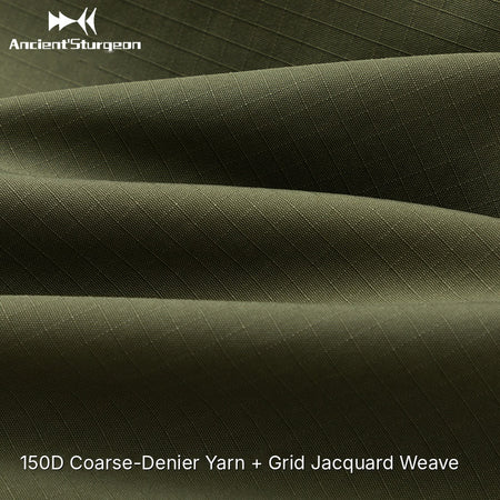 Green tactical jacket fabric close-up; coarse denier texture, grid jacquard weave