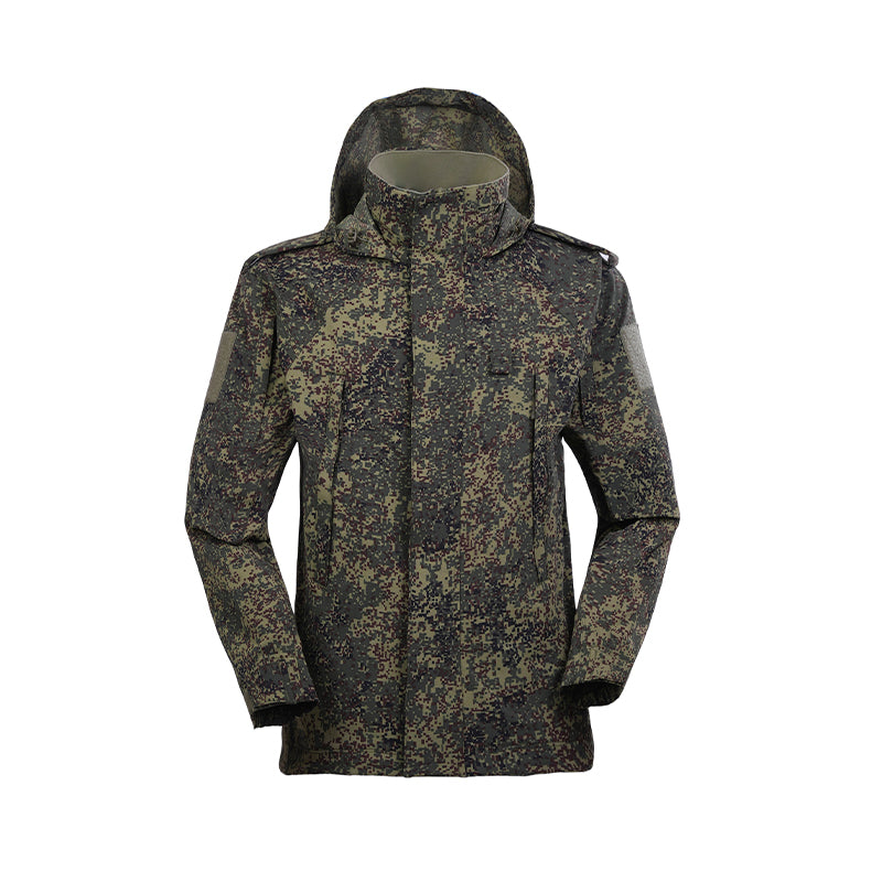 Pixel camo hooded hunting jacket, front view with zip and drawstring hood.