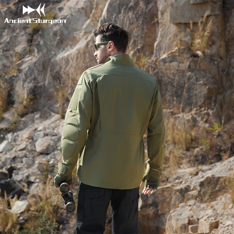 Green tactical jacket back view with high collar and full-length zipper
