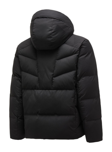Men's black hooded down puffer jacket, back view with stitched quilt panels