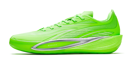 Fluorescent green low-top basketball shoes with textured upper and lace-up front