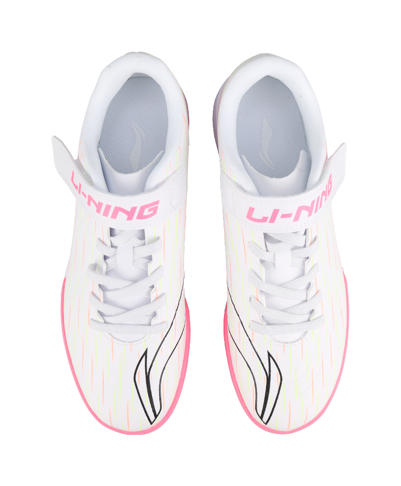 Youth turf shoes with white laces and pink Li-Ning heel branding, back view