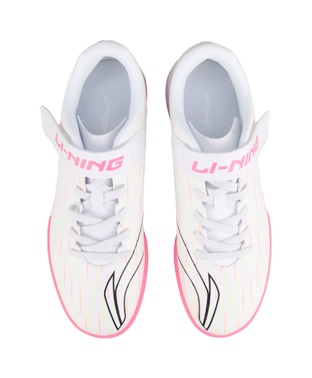 Youth turf shoes with white laces and pink Li-Ning heel branding, back view