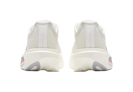 Back view of low running shoes, white knit uppers with heel tabs and cushioned sole.