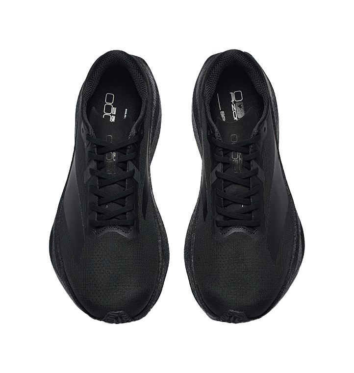 Pair of men's black running shoes, front view with lace-up closure and textured upper