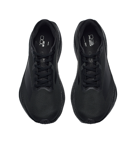 Pair of men's black running shoes, front view with lace-up closure and textured upper