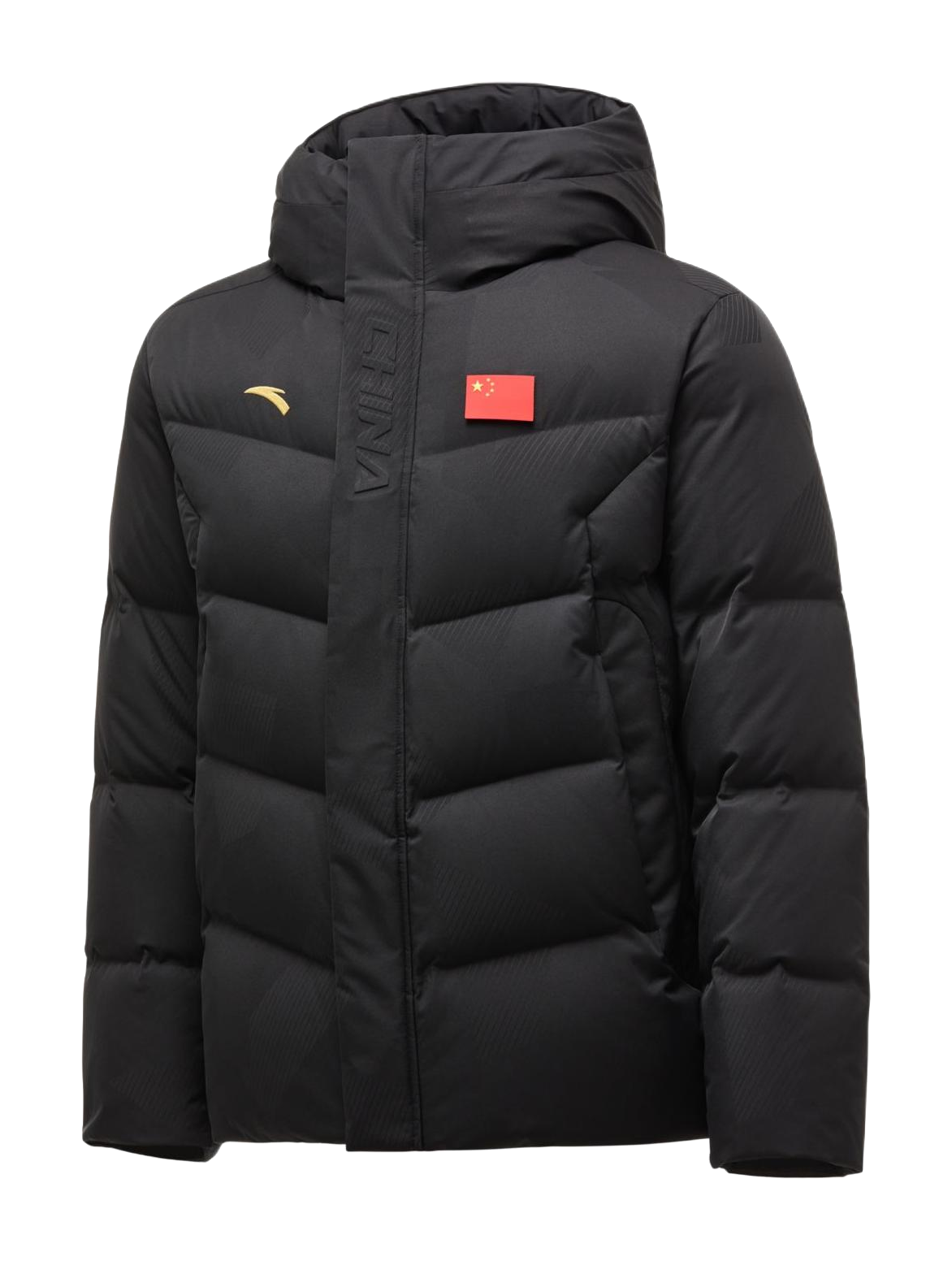 Men's black hooded down puffer jacket, full-zip front with logo patch