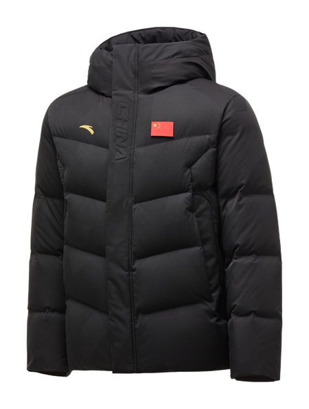 Men's black hooded down puffer jacket, full-zip front with logo patch