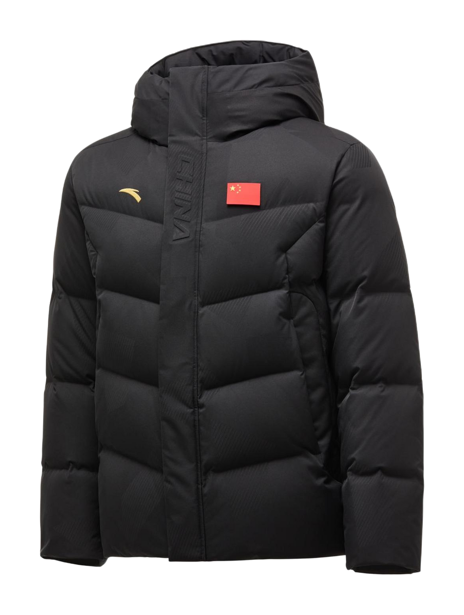 Men's black hooded down puffer jacket, full-zip front with logo patch