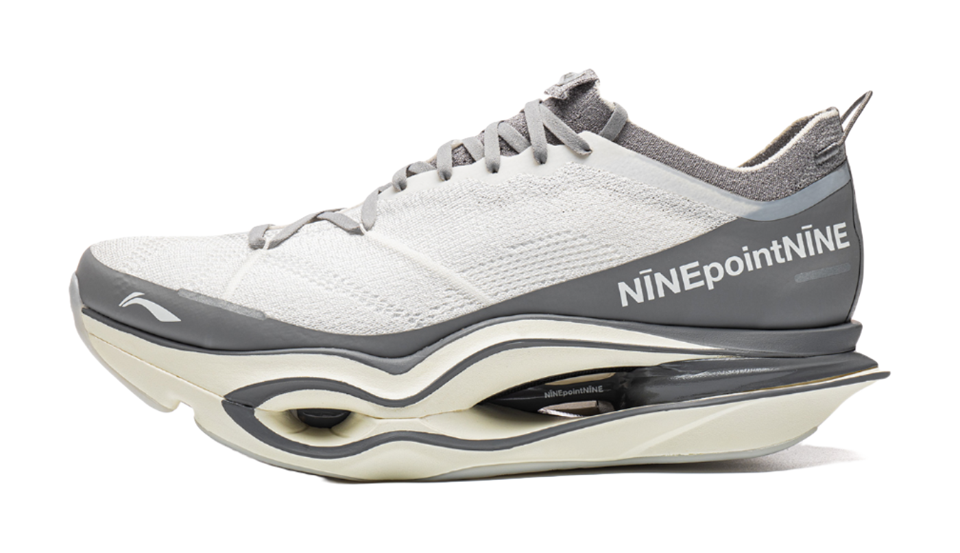 Li Ning x NINEPointNINE low-top running shoes, white upper, gray midsole, lace-up