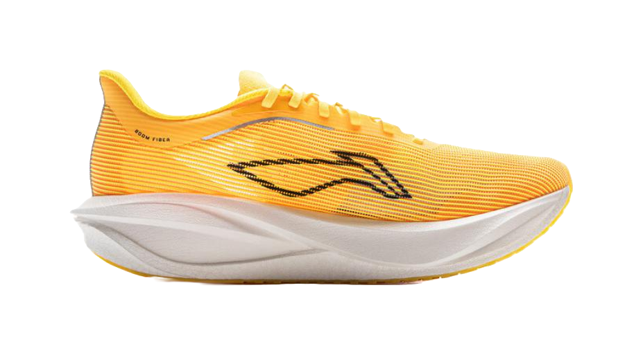 Neon yellow orange running shoe with black logo, sockliner detail, side view