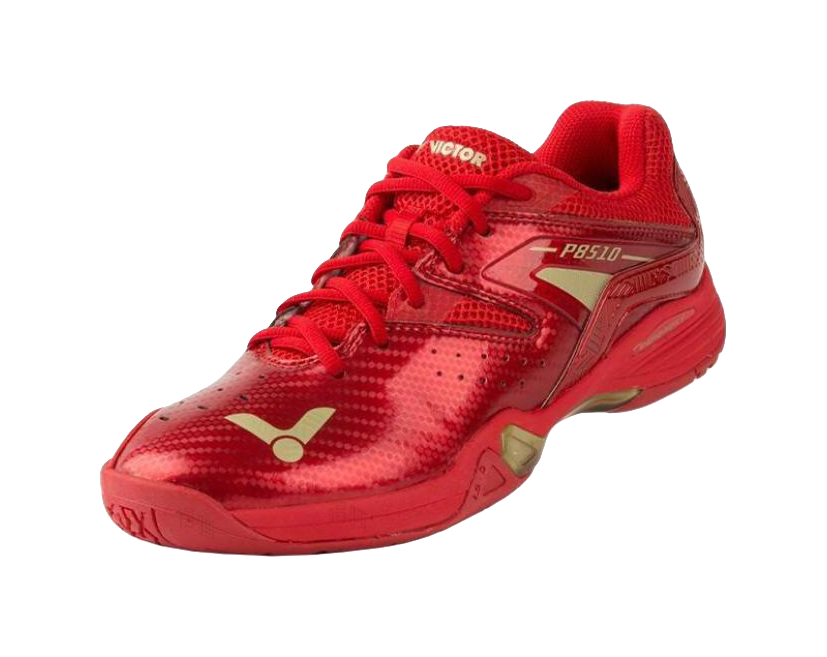 Red and gold unisex badminton shoe, side view with logo accents