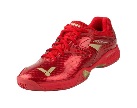 Red and gold unisex badminton shoe, side view with logo accents
