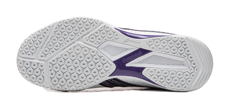White rubber outsole with hexagon tread and purple heel panel