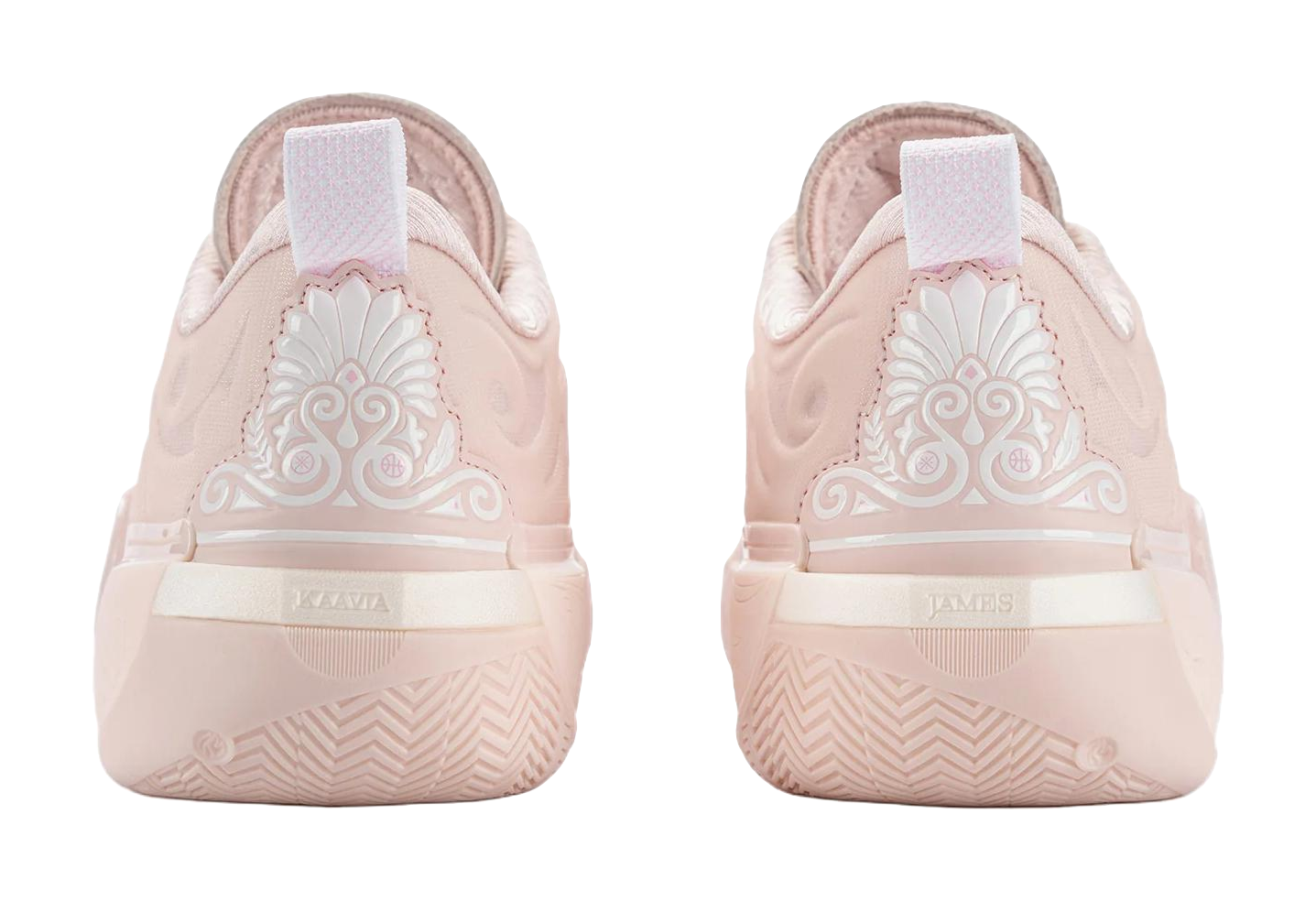 Pair of light pink basketball shoes from back with heel branding and pull tab