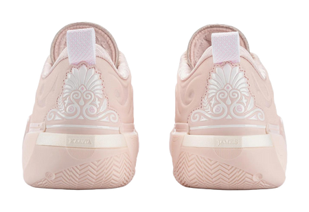 Pair of light pink basketball shoes from back with heel branding and pull tab