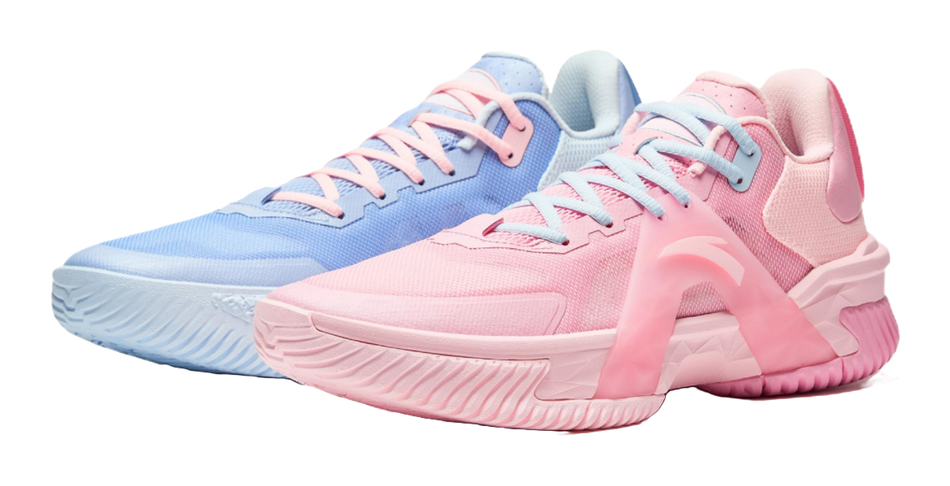Pink and light-blue basketball shoes with cross-lace design and chunky sole