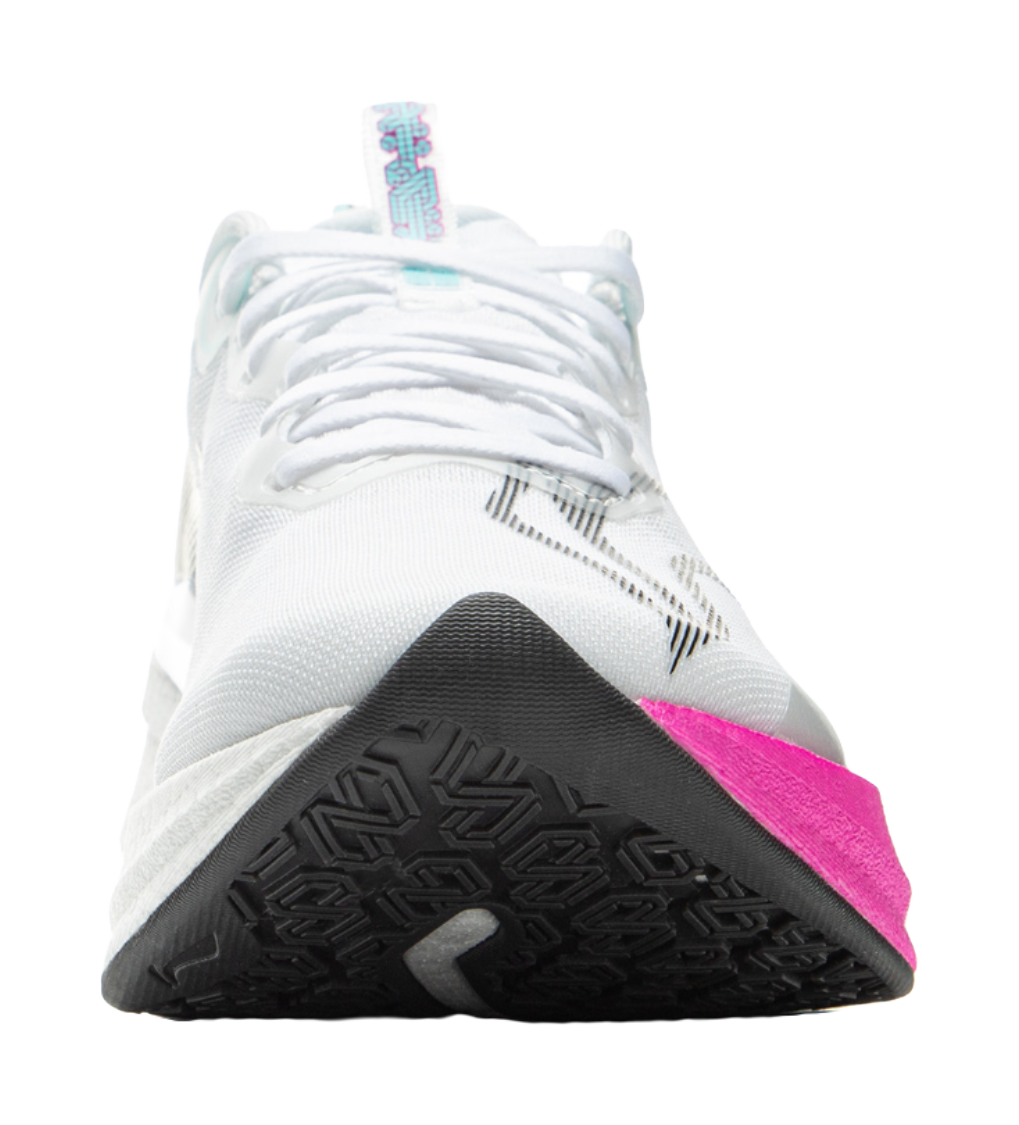 White running shoe with black outsole tread and pink side accent panel